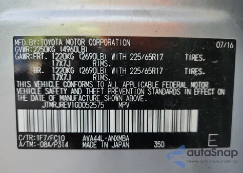 2016 Toyota Rav4 Hv Xle from USA, damaged, VIN JTMRJREV1GD052575